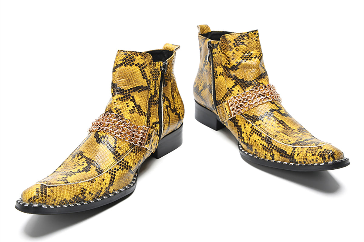 Mens Yellow Snake Print Leather Chain Detail Zipper Bar Ankle Boots
