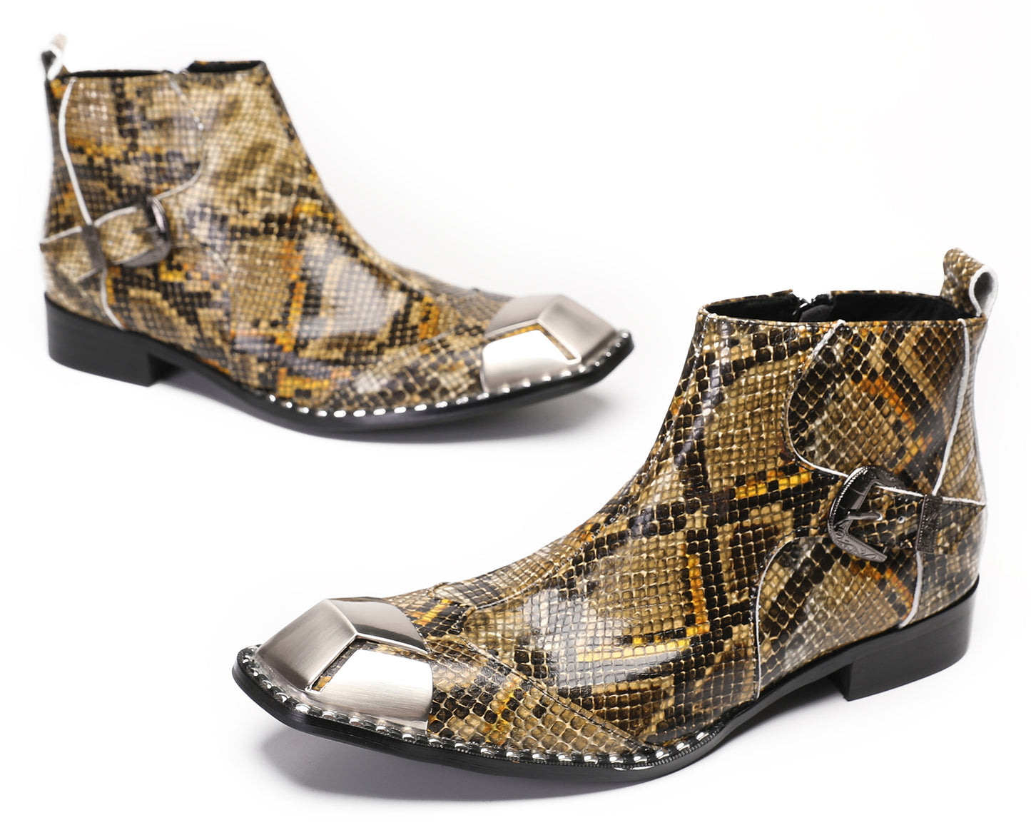Mens Metal Square Toe Zipper Buckle Dress Ankle Western Boots