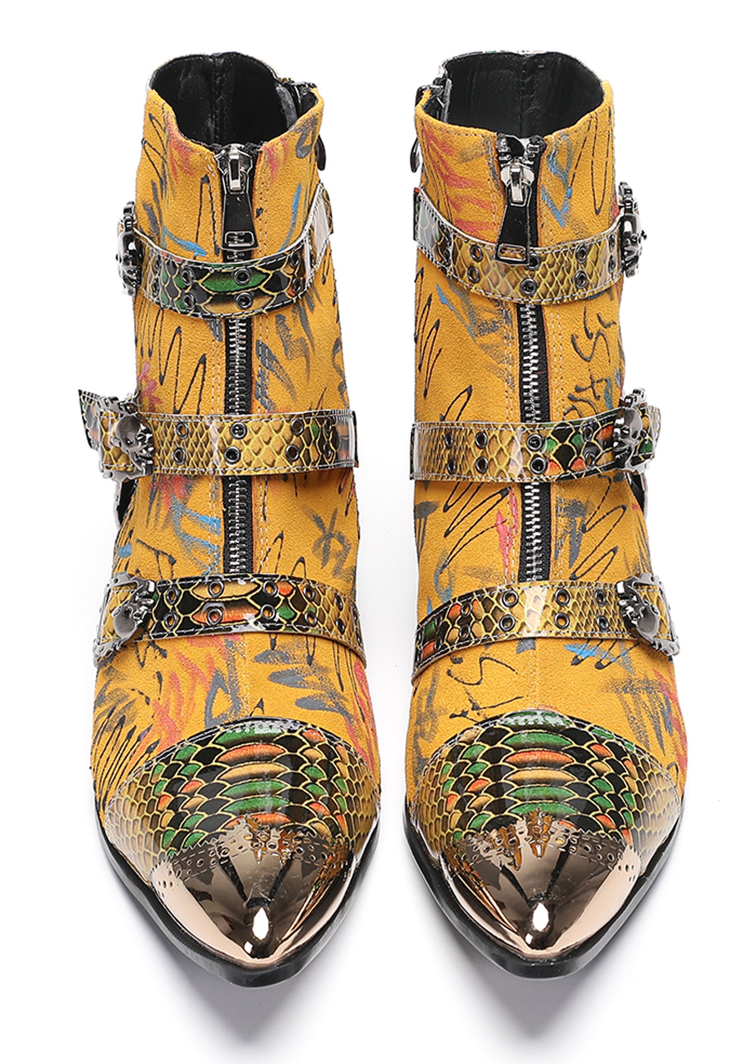Mens Yellow Snake Print Gothic Punk Rock Skull Rivets Cowboy Western Boots