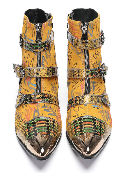 Mens Yellow Snake Print Gothic Punk Rock Skull Rivets Cowboy Western Boots