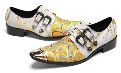 Mens Metal Toe Cap Floral Embroidered Monk Strap Buckle Western Loafers