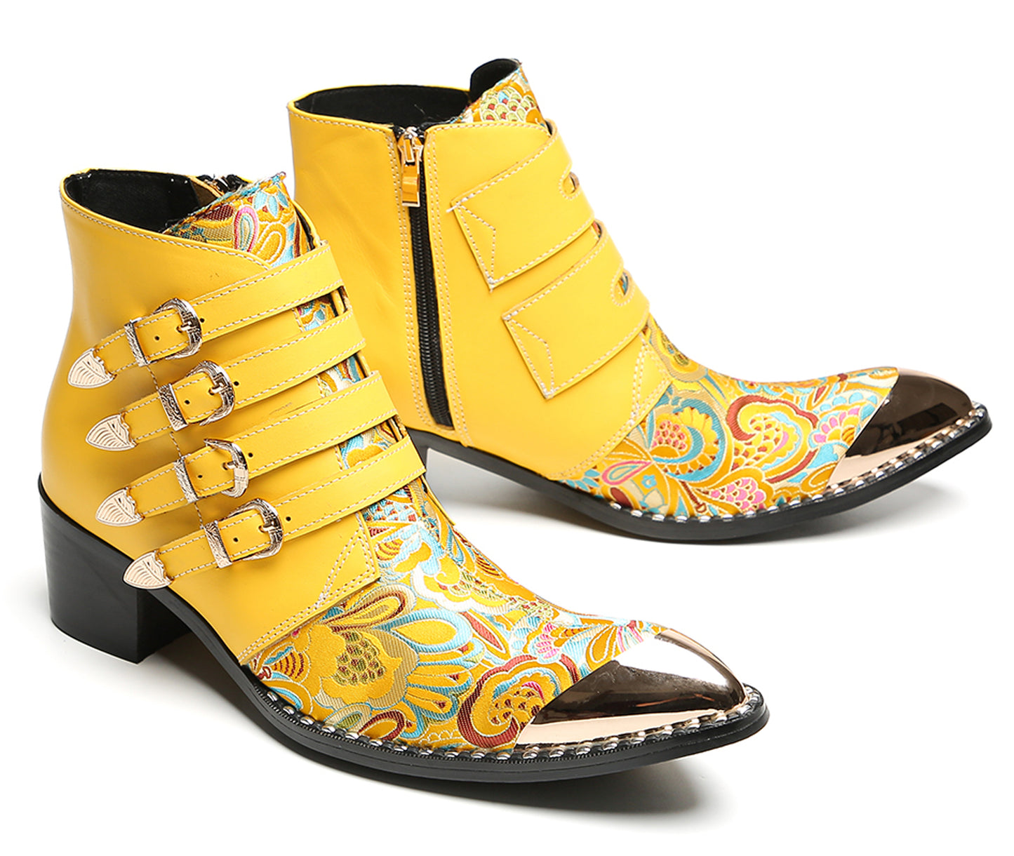 Mens Buckle Strap Floral Embroidery Cowboy Western Boots