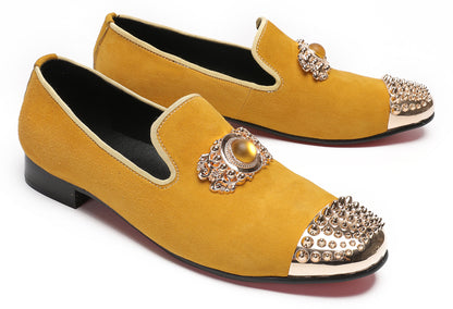 Mens Suede Metal Studded Cap Toe Topaz Glitter Western Loafers
