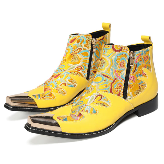 Mens Top-Grain Leather Metal Toe Cap & Floral Brocade Western Boots