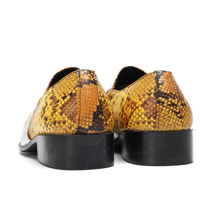 Mens Square Toe Metal Cap Yellow Snakeskin Print Western Loafers