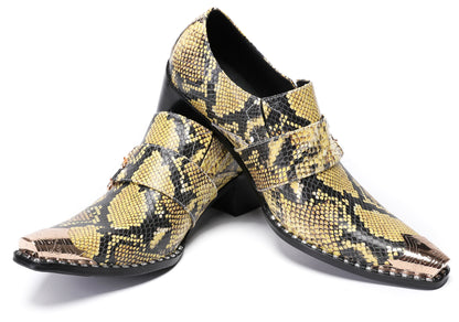 Mens Metal Pointed Toe Snakeskin Texture Monk Western Loafers