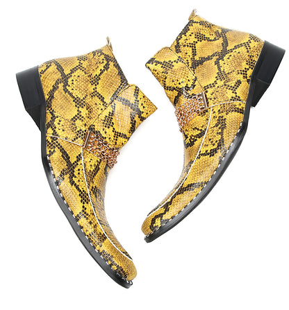 Mens Yellow Snake Print Leather Chain Detail Zipper Bar Ankle Boots
