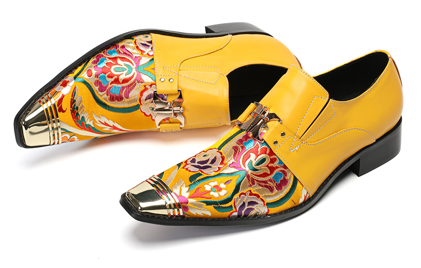 Mens Top-Grain Leather Floral Embroidery Casual Western Loafers