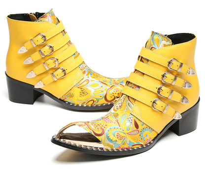 Mens Buckle Strap Floral Embroidery Cowboy Western Boots