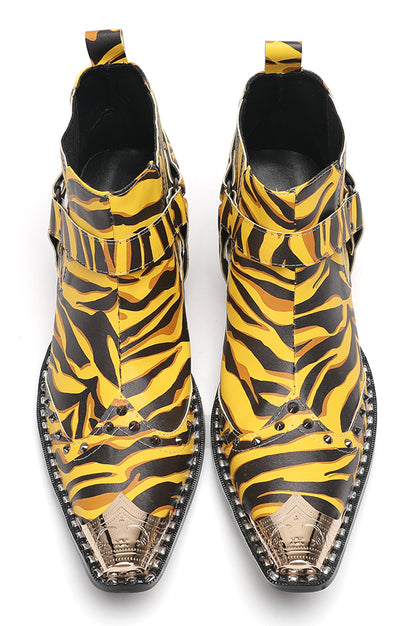 Mens Metallic Detail Snakeskin Abstract Print Ankle Western Boots