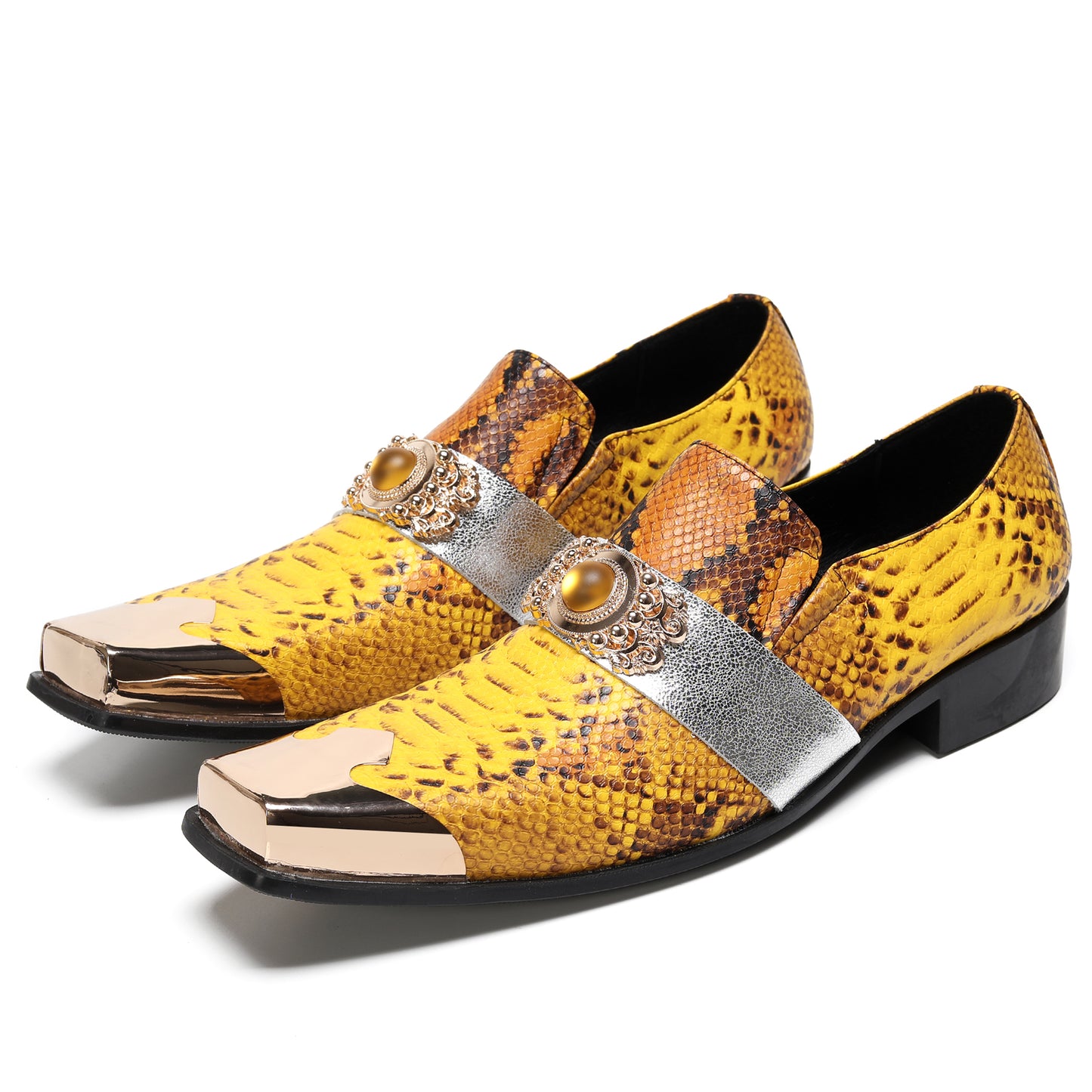 Mens Square Toe Metal Cap Yellow Snakeskin Print Western Loafers