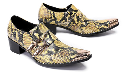 Mens Metal Pointed Toe Snakeskin Texture Monk Western Loafers