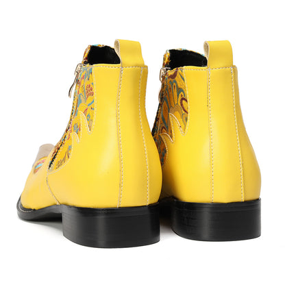 Mens Top-Grain Leather Metal Toe Cap & Floral Brocade Western Boots