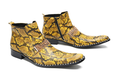 Mens Yellow Snake Print Leather Chain Detail Zipper Bar Ankle Boots