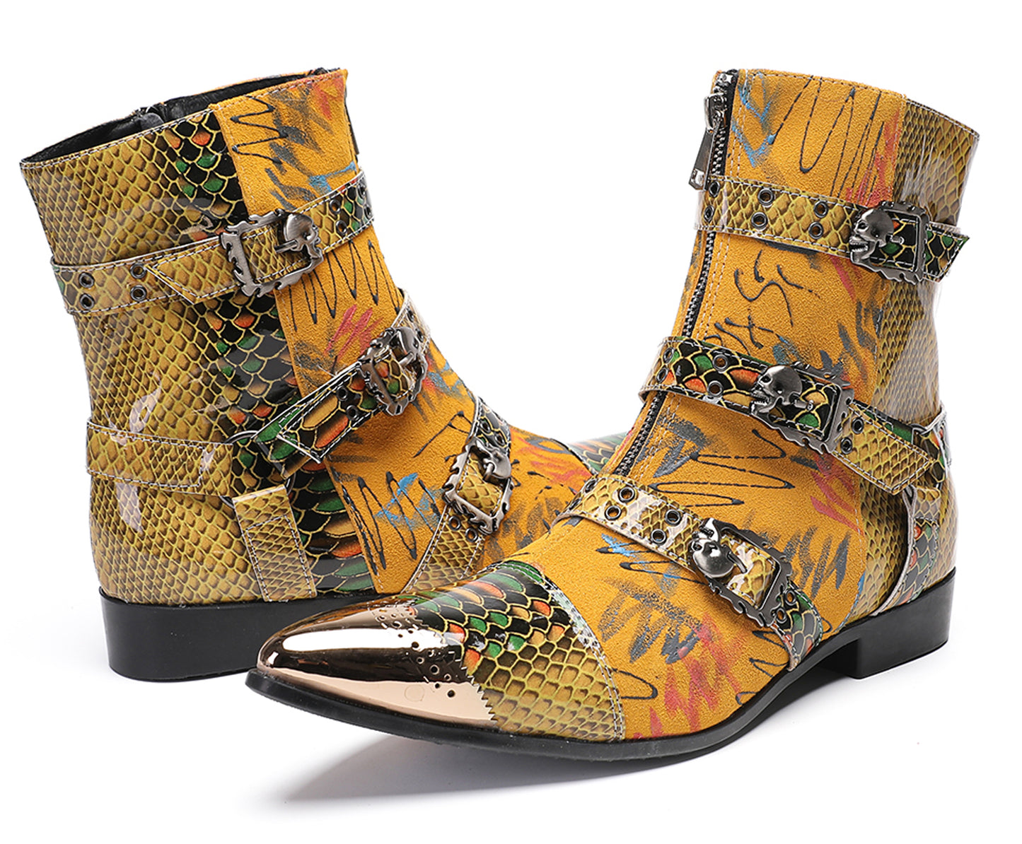 Mens Yellow Snake Print Gothic Punk Rock Skull Rivets Cowboy Western Boots