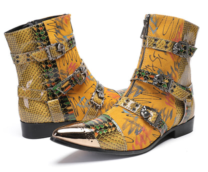 Mens Yellow Snake Print Gothic Punk Rock Skull Rivets Cowboy Western Boots