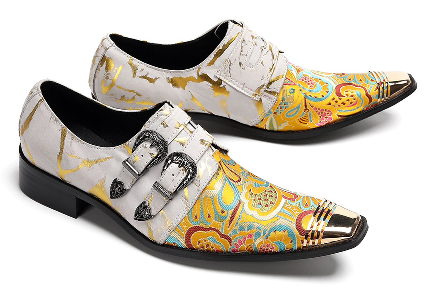 Mens Metal Toe Cap Floral Embroidered Monk Strap Buckle Western Loafers