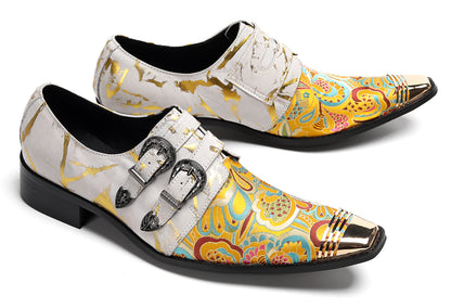 Mens Metal Toe Cap Floral Embroidered Monk Strap Buckle Western Loafers