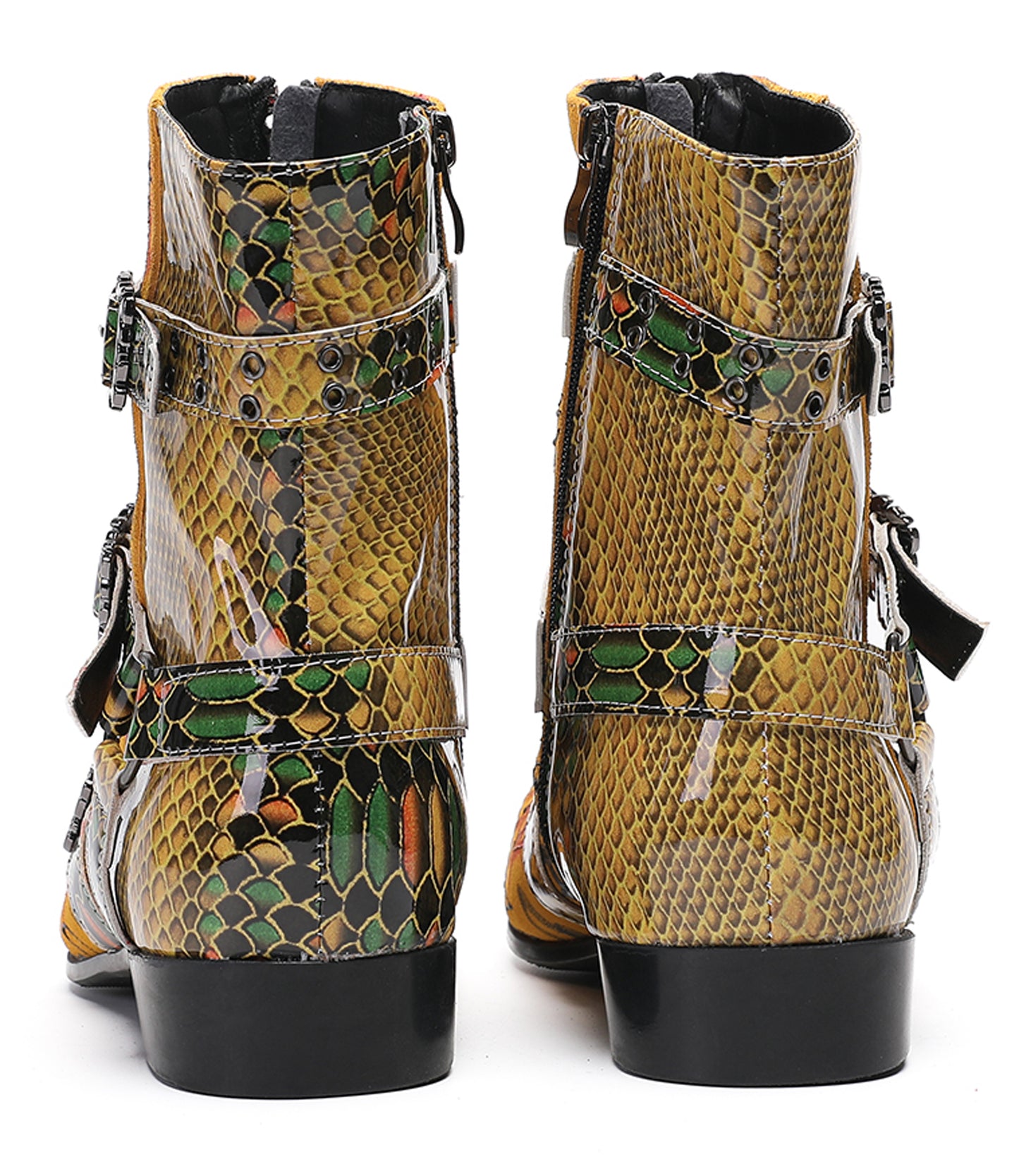 Mens Yellow Snake Print Gothic Punk Rock Skull Rivets Cowboy Western Boots