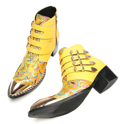 Mens Buckle Strap Floral Embroidery Cowboy Western Boots
