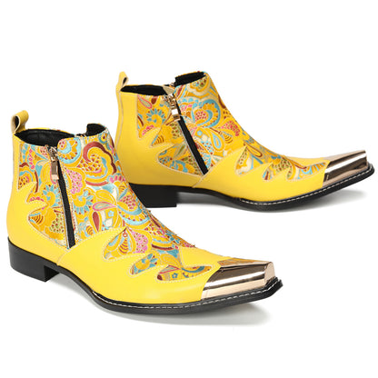Mens Top-Grain Leather Metal Toe Cap & Floral Brocade Western Boots