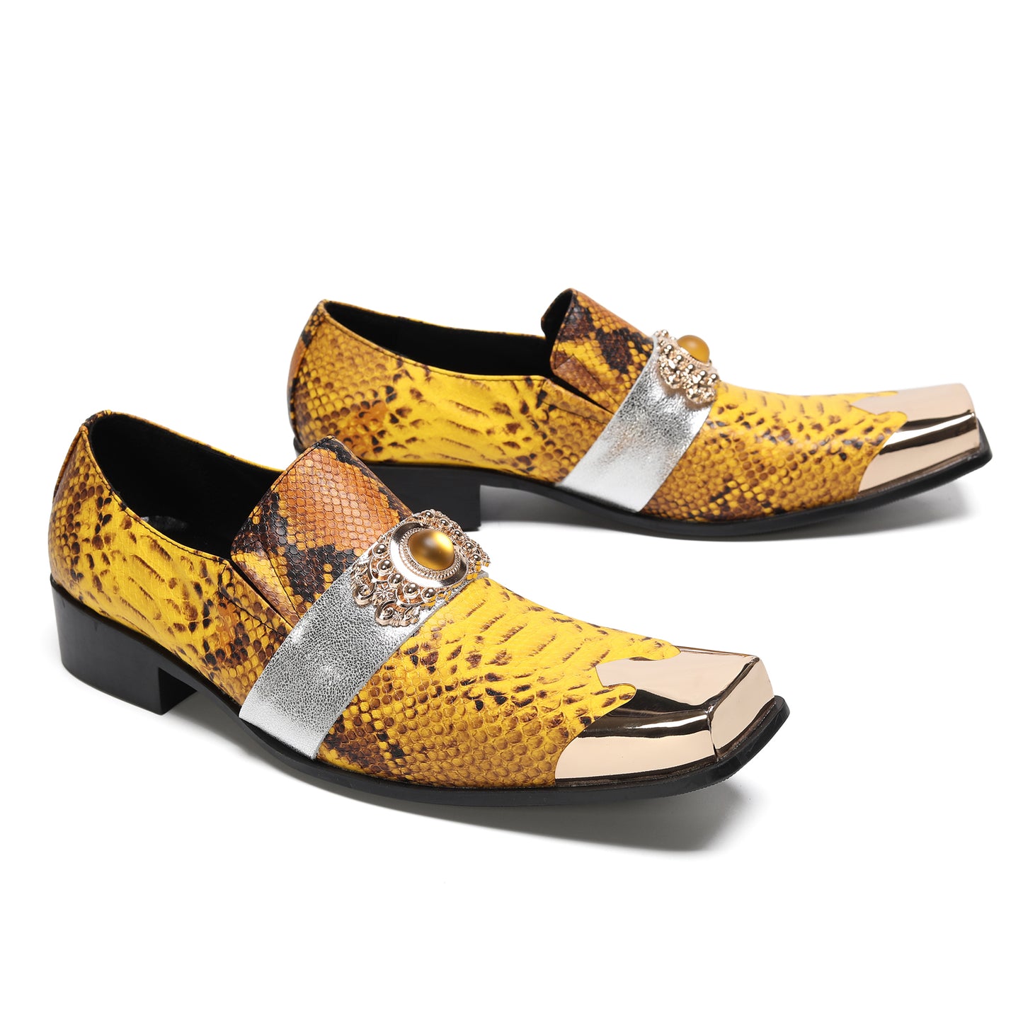 Mens Square Toe Metal Cap Yellow Snakeskin Print Western Loafers