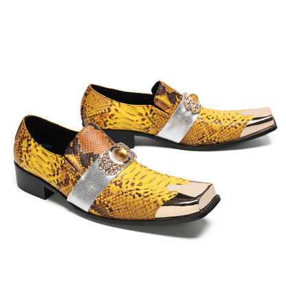 Mens Square Toe Metal Cap Yellow Snakeskin Print Western Loafers