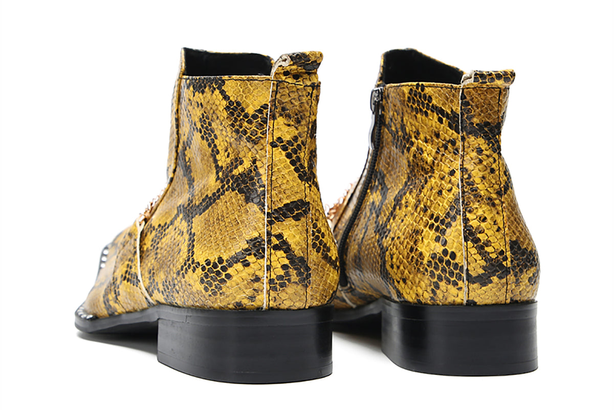Mens Yellow Snake Print Leather Chain Detail Zipper Bar Ankle Boots