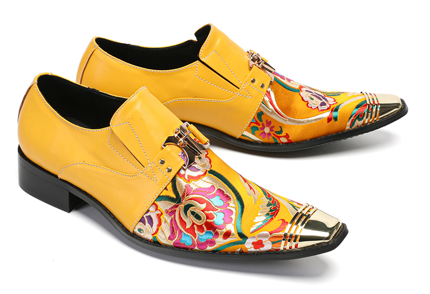 Mens Top-Grain Leather Floral Embroidery Casual Western Loafers