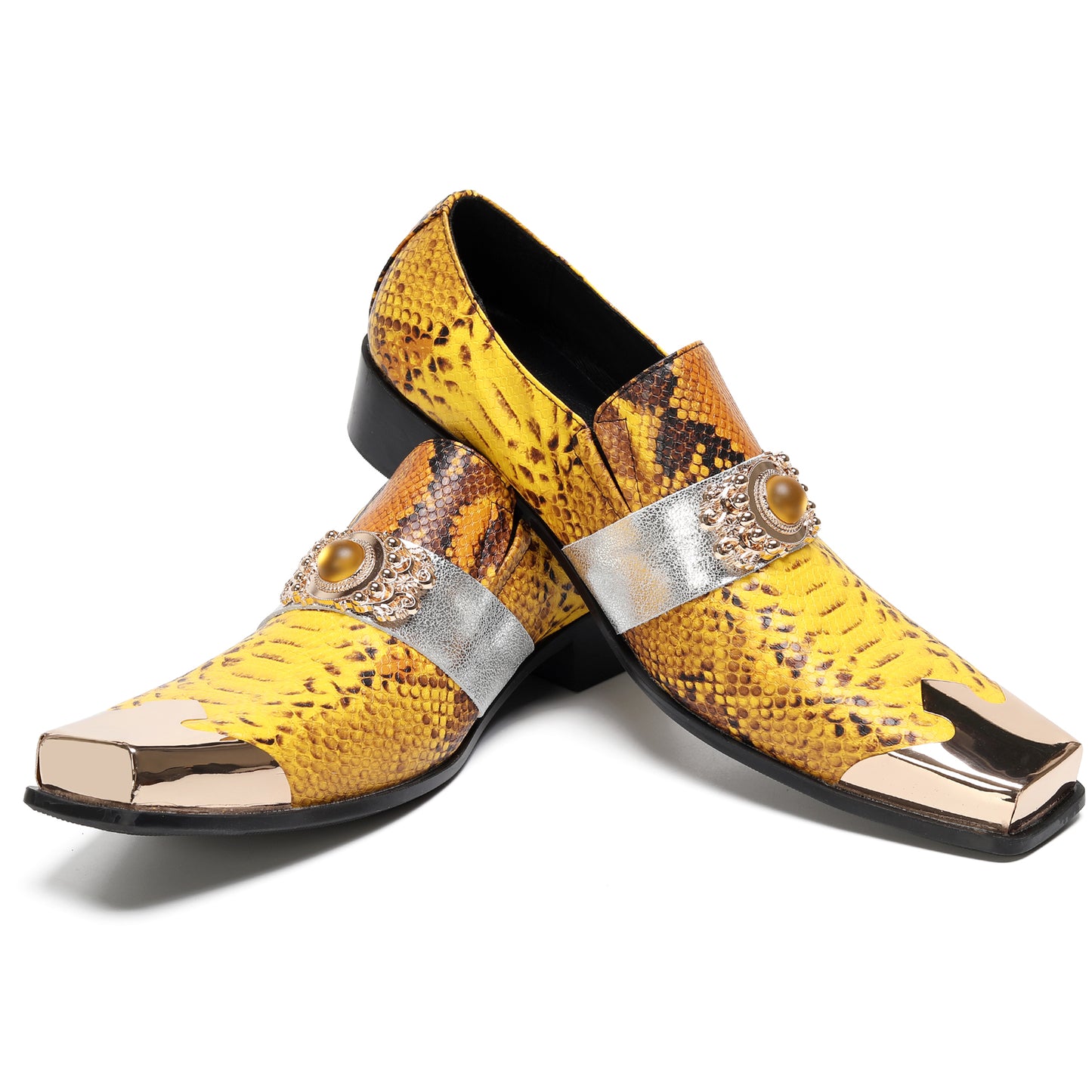 Mens Square Toe Metal Cap Yellow Snakeskin Print Western Loafers