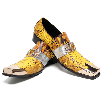Mens Square Toe Metal Cap Yellow Snakeskin Print Western Loafers