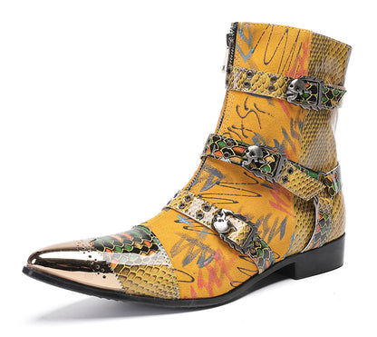 Mens Yellow Snake Print Gothic Punk Rock Skull Rivets Cowboy Western Boots