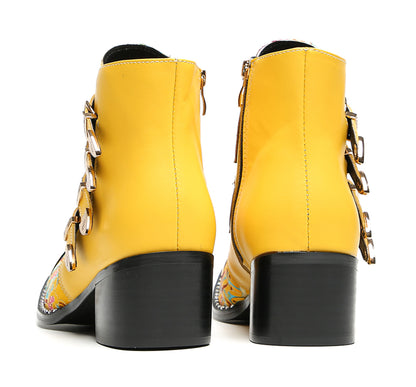 Mens Buckle Strap Floral Embroidery Cowboy Western Boots