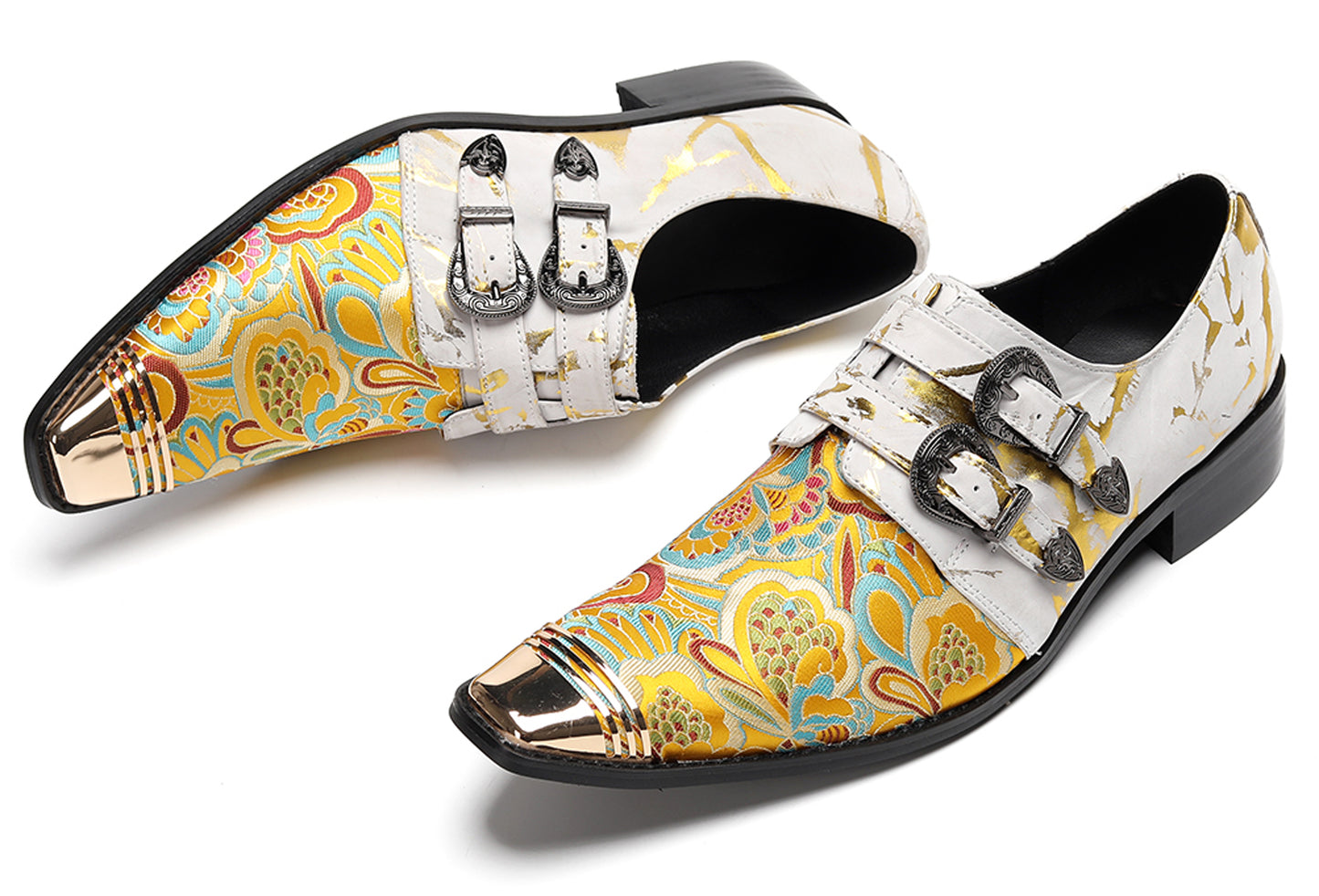 Mens Metal Toe Cap Floral Embroidered Monk Strap Buckle Western Loafers