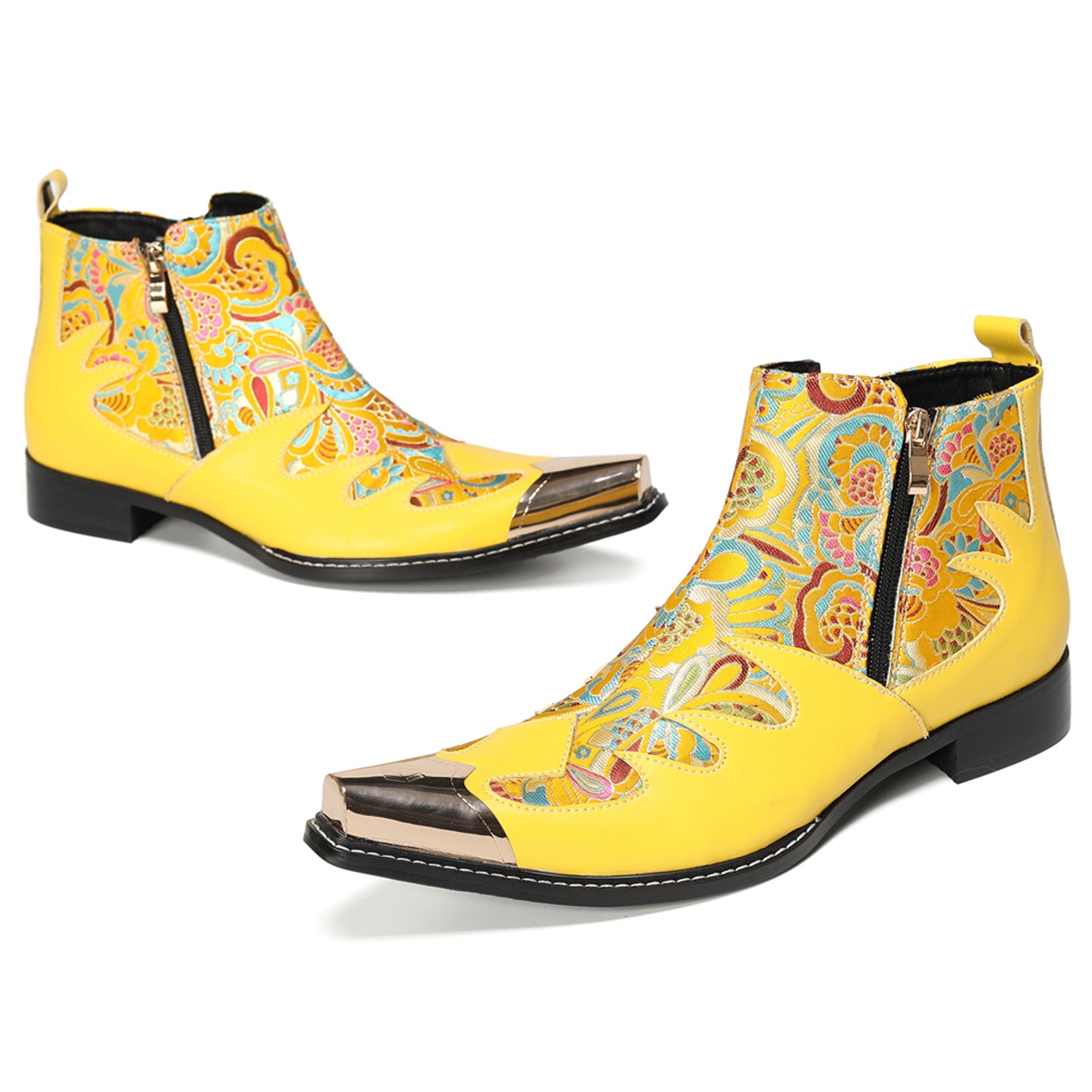 Mens Top-Grain Leather Metal Toe Cap & Floral Brocade Western Boots