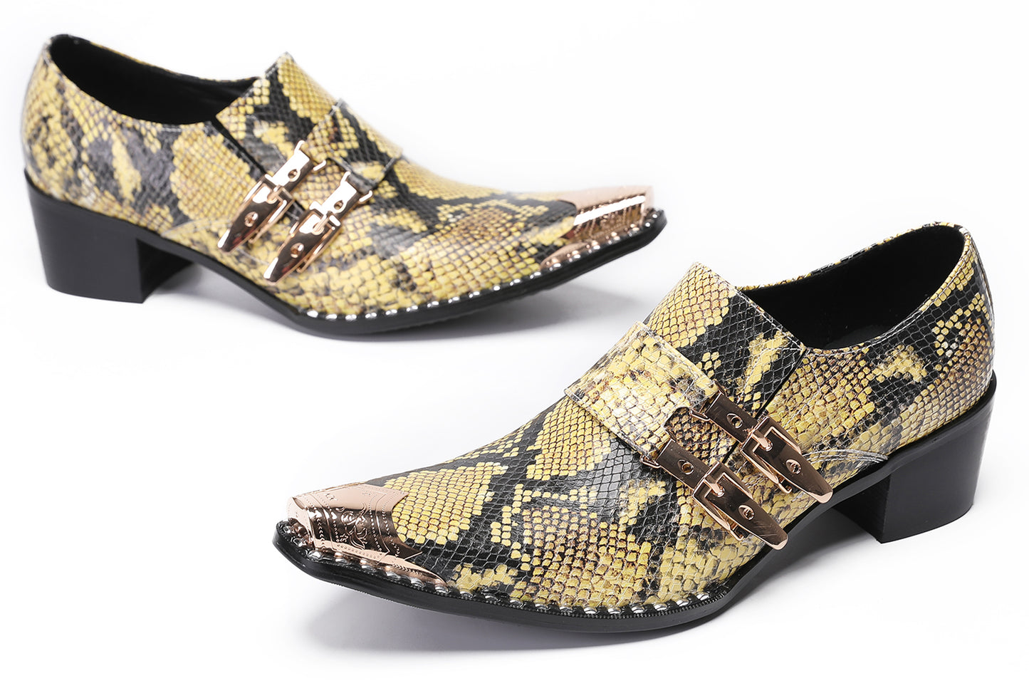 Mens Metal Pointed Toe Snakeskin Texture Monk Western Loafers