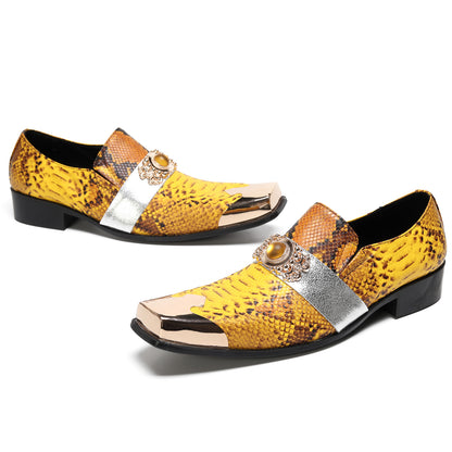Mens Square Toe Metal Cap Yellow Snakeskin Print Western Loafers
