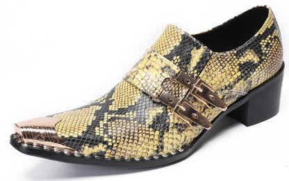 Mens Metal Pointed Toe Snakeskin Texture Monk Western Loafers