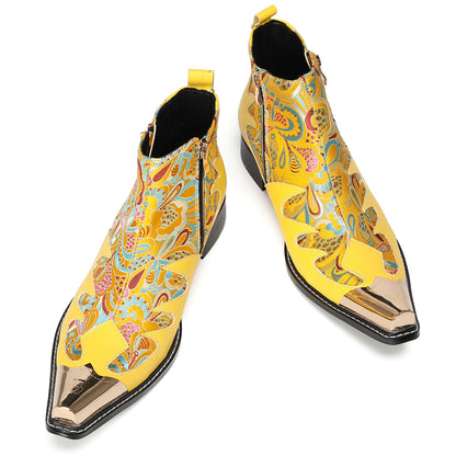 Mens Top-Grain Leather Metal Toe Cap & Floral Brocade Western Boots