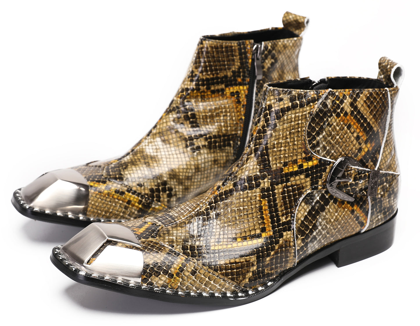 Mens Metal Square Toe Zipper Buckle Dress Ankle Western Boots