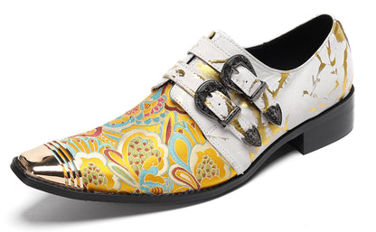 Mens Metal Toe Cap Floral Embroidered Monk Strap Buckle Western Loafers