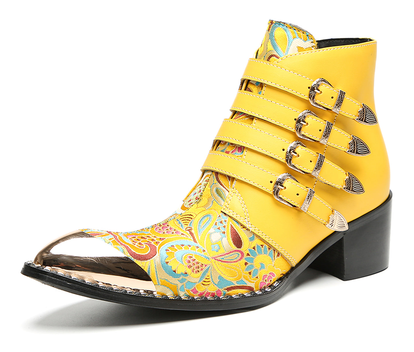 Mens Buckle Strap Floral Embroidery Cowboy Western Boots