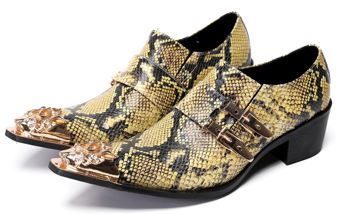 Mens Metal Pointed Toe Snakeskin Texture Monk Western Loafers
