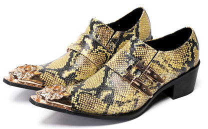 Mens Metal Pointed Toe Snakeskin Texture Monk Western Loafers
