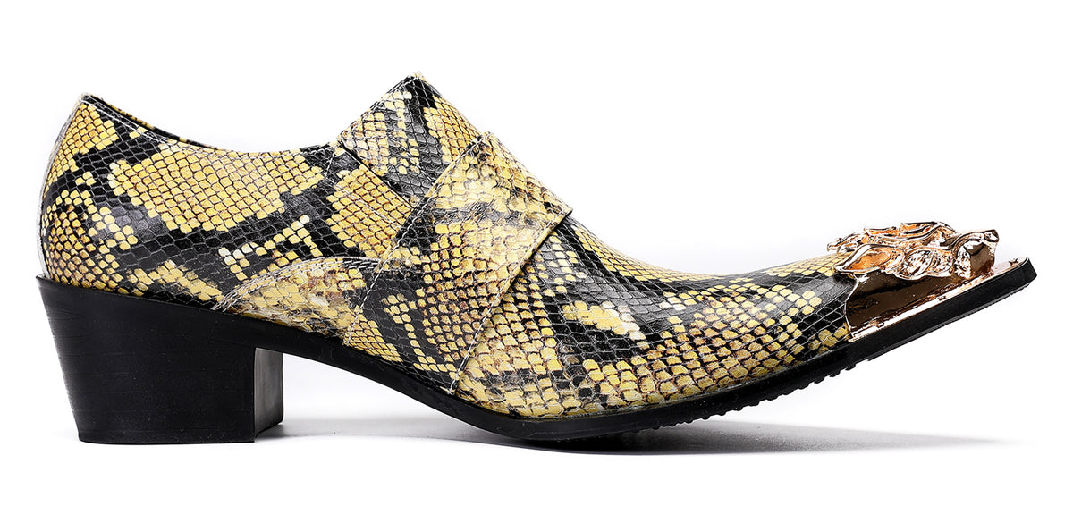 Mens Metal Pointed Toe Snakeskin Texture Monk Western Loafers