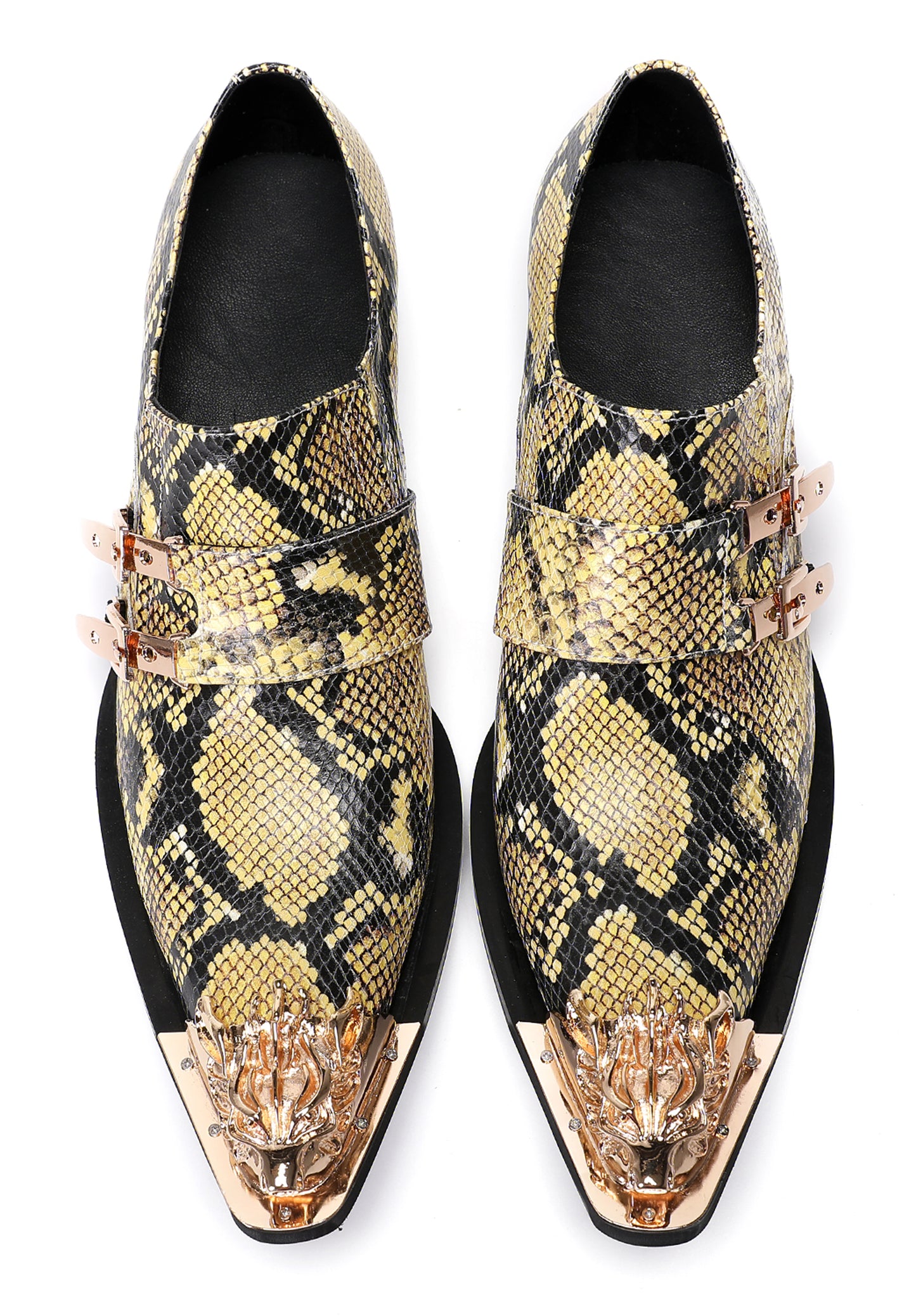 Mens Metal Pointed Toe Snakeskin Texture Monk Western Loafers
