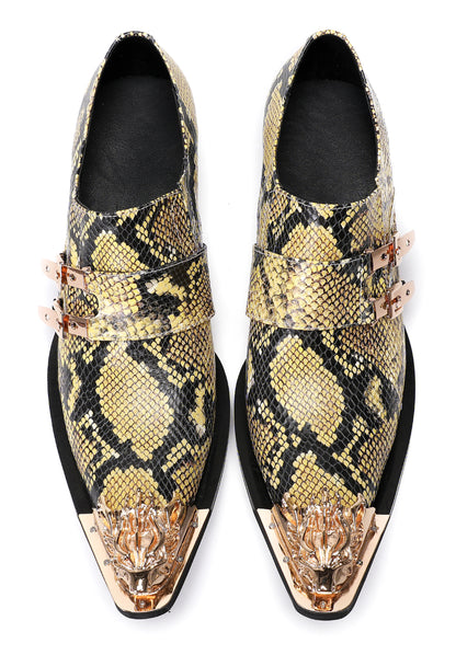 Mens Metal Pointed Toe Snakeskin Texture Monk Western Loafers