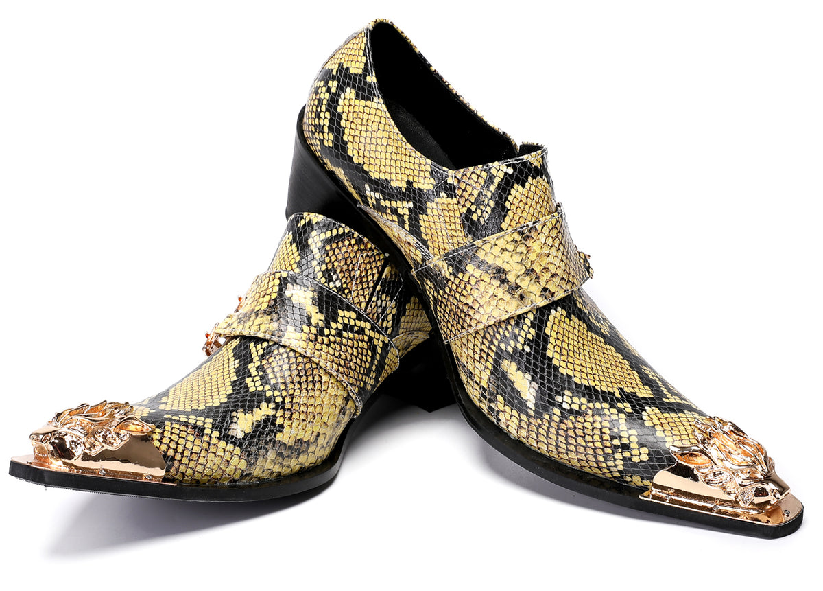 Mens Metal Pointed Toe Snakeskin Texture Monk Western Loafers