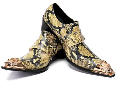 Mens Metal Pointed Toe Snakeskin Texture Monk Western Loafers