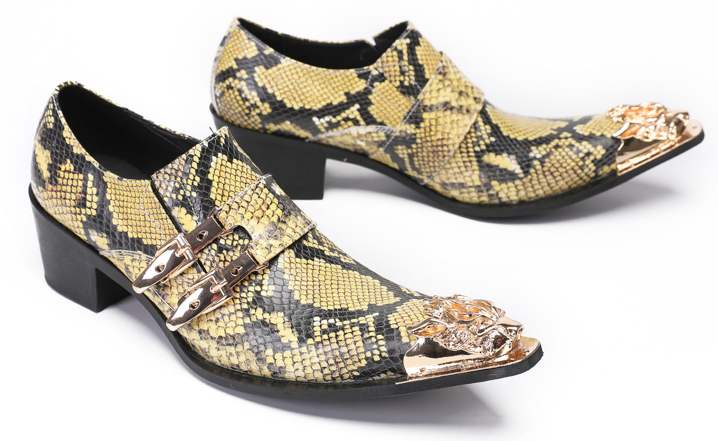 Mens Metal Pointed Toe Snakeskin Texture Monk Western Loafers